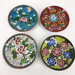 Vint Enamel Cloisonne Dish Plate Trinket 4" Circle China Floral Handpaint Lot 4